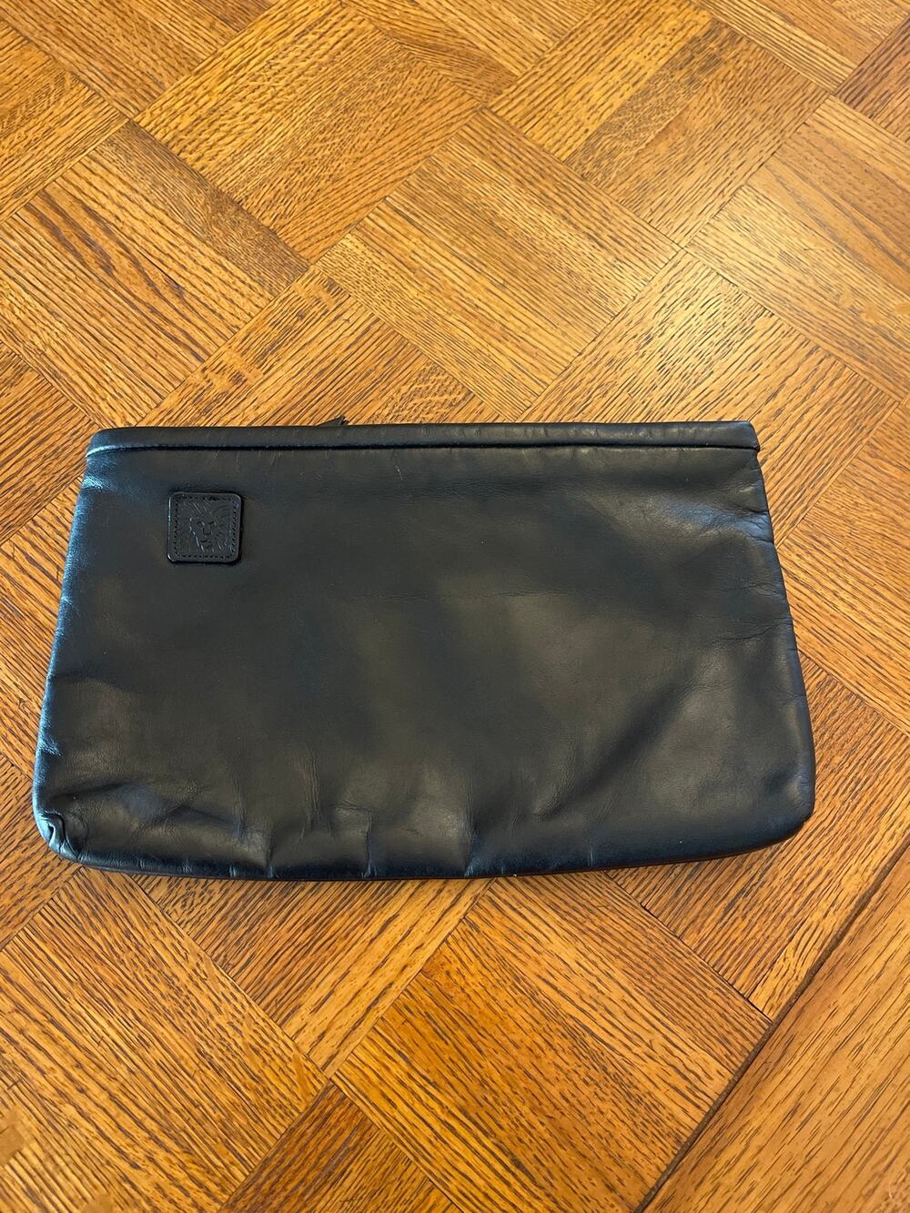 90s Vintage Anne Klein Black Leather Flat Clutch Bag Retro Minimalist